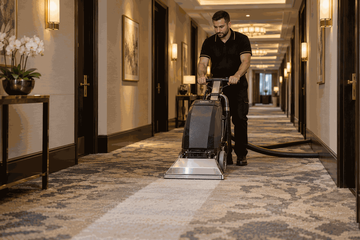 Worker cleaning a carpeted hallway with a carpet extractor